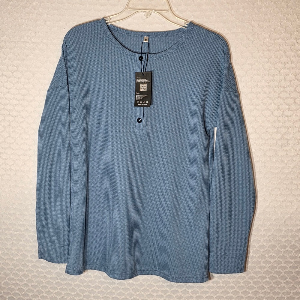 Molerani Womens Waffle Knit Henley Top Long Sleeve Blue Size Small NWT